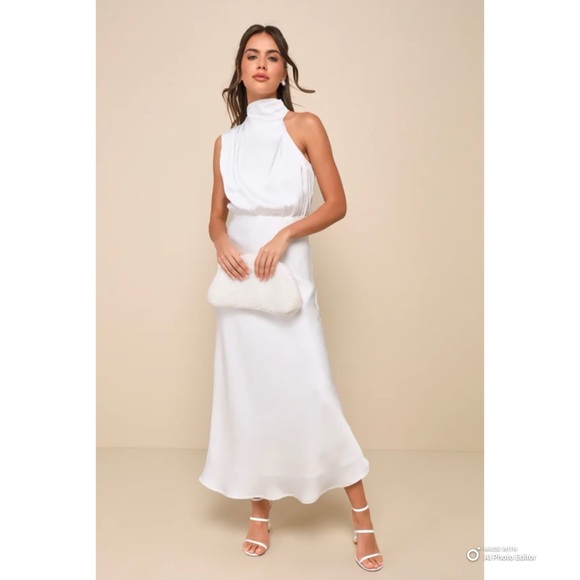 Lulus Distinctive Charm White Satin Asymmetrical Midi Dress Size Large NWT - Picture 1 of 17